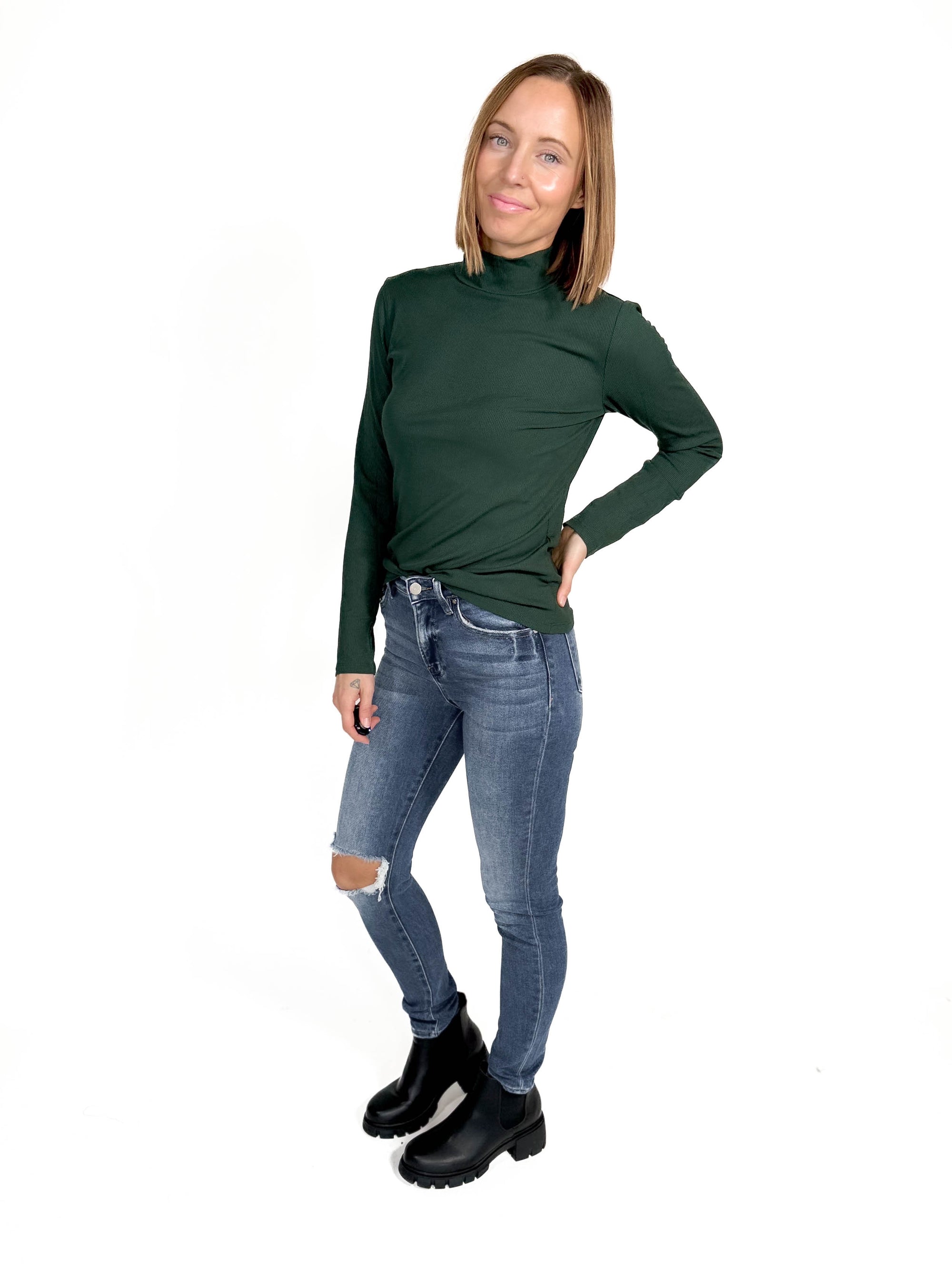 Gotta Have Ribbed Mock Neck Long Sleeve- HUNTER GREEN -FINAL SALE