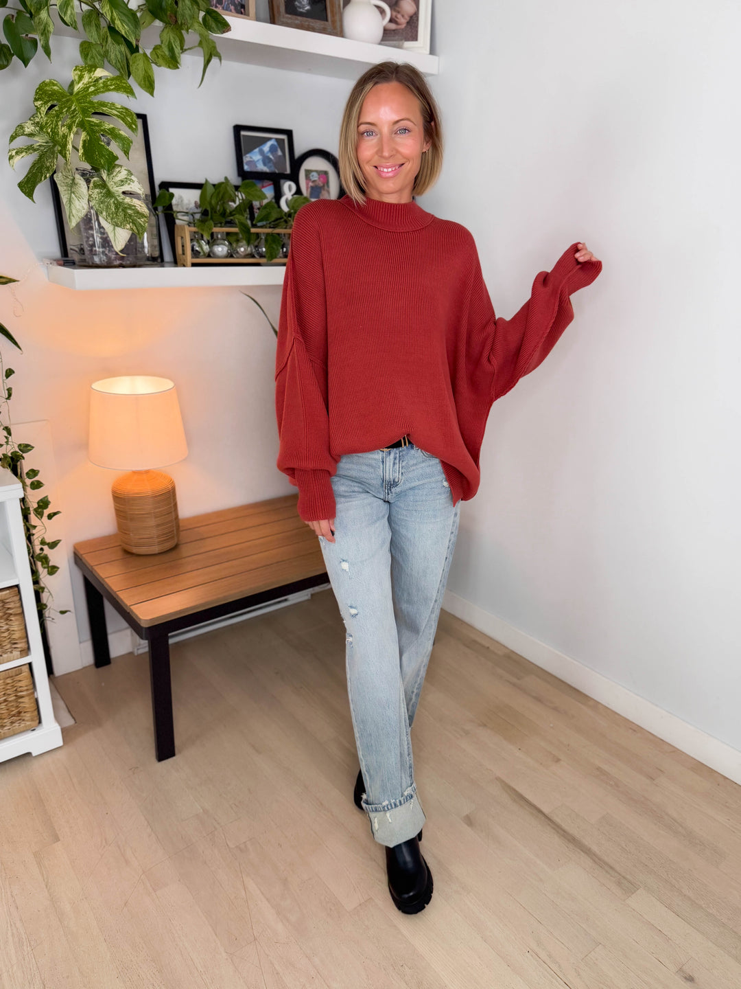 Frosted Pines Oversized Side Slit Sweater- RUST