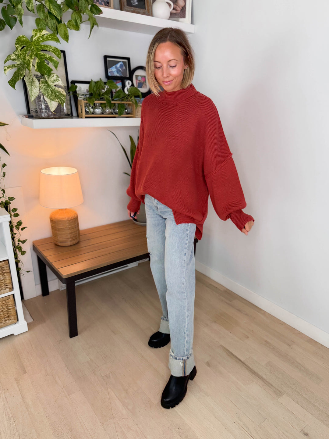 Frosted Pines Oversized Side Slit Sweater- RUST