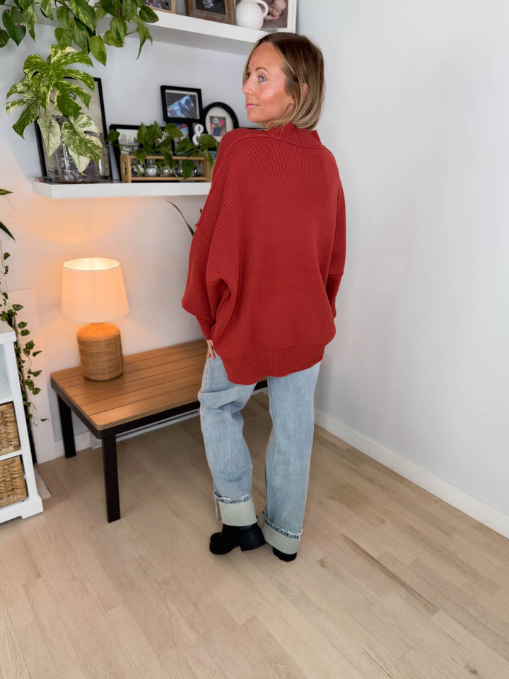 Frosted Pines Oversized Side Slit Sweater- RUST