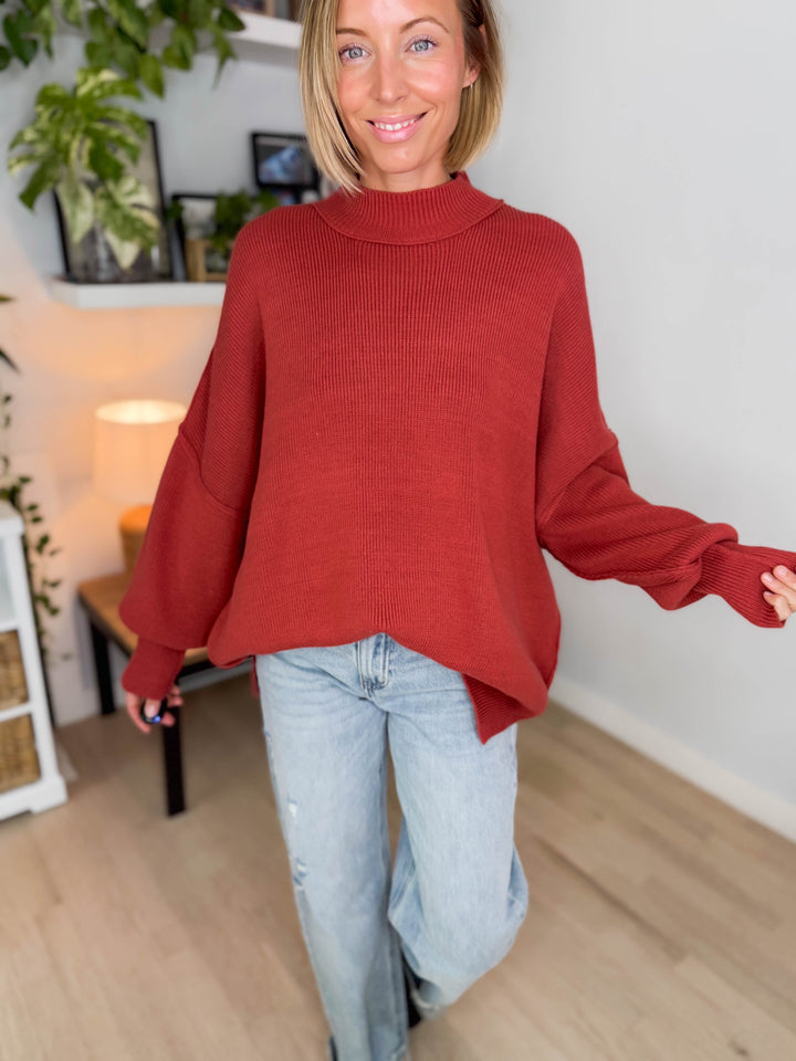 Frosted Pines Oversized Side Slit Sweater- RUST