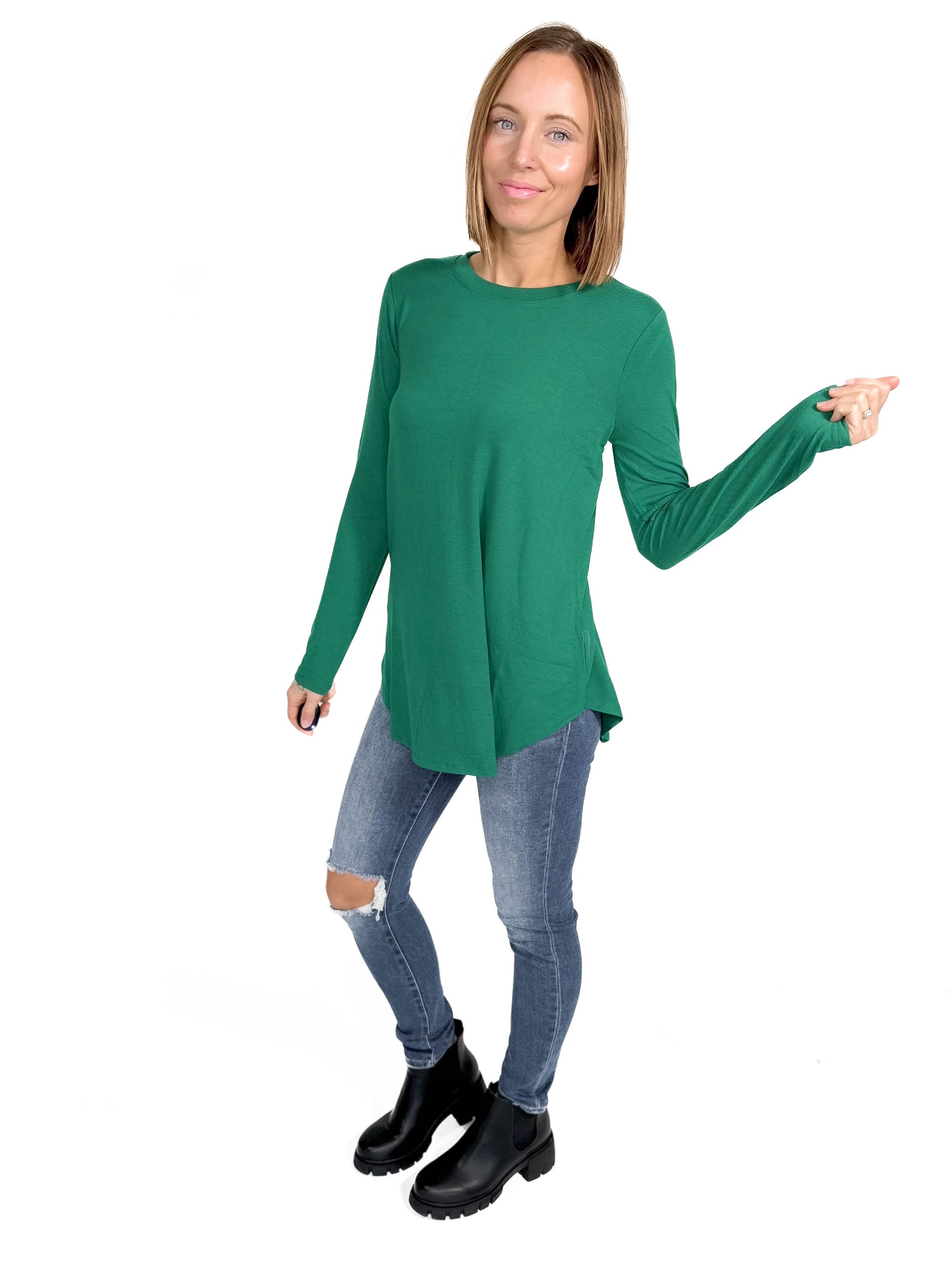 Travey Round Hem Long Sleeve- FOREST