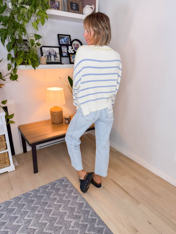 Anna Crewneck Striped Boxy Crop Sweater- OFF WHITE/BLUE