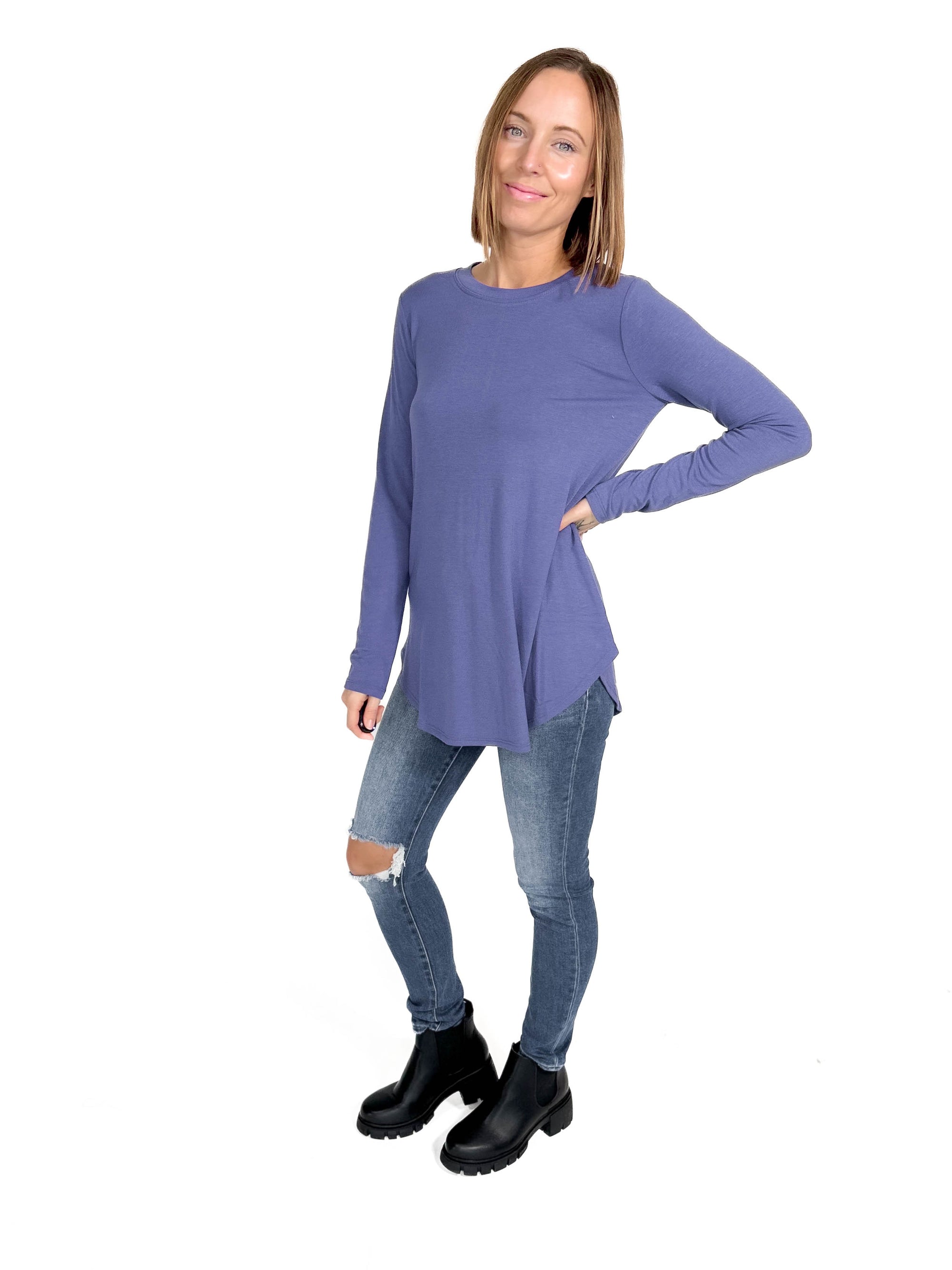 Travey Round Hem Long Sleeve- PERIWINKLE