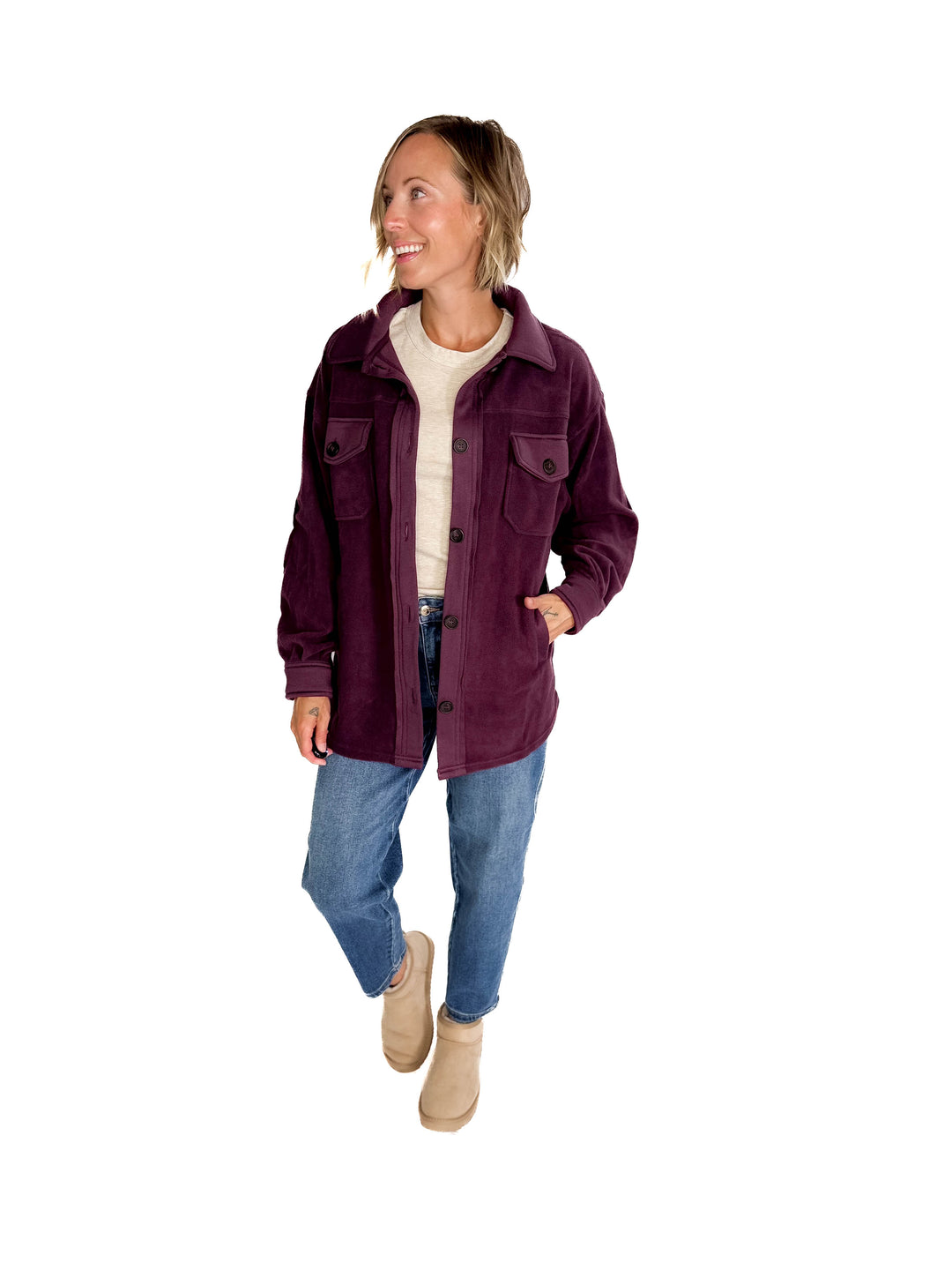 Jake Oversized Fleece Shacket- EGGPLANT