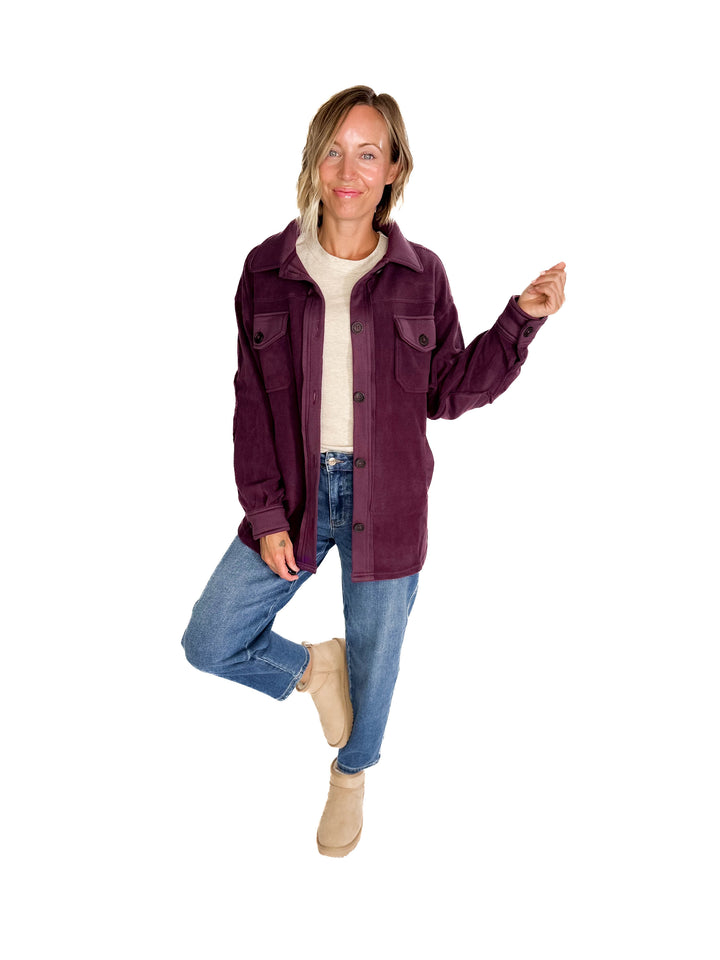 Jake Oversized Fleece Shacket- EGGPLANT