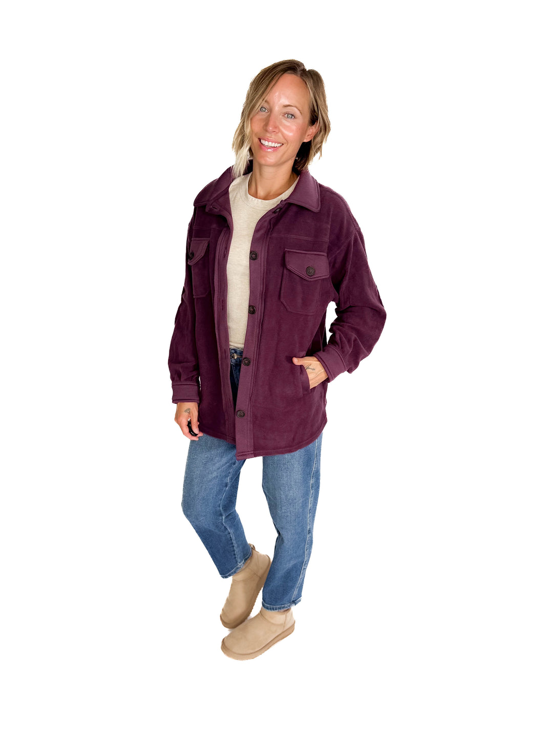 Jake Oversized Fleece Shacket- EGGPLANT
