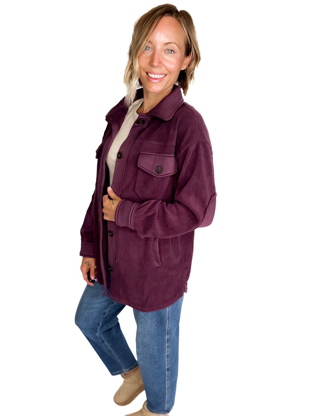 Jake Oversized Fleece Shacket- EGGPLANT