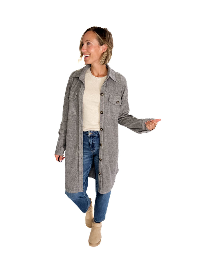 Taylor Brushed Knit Longline Shacket- GREY
