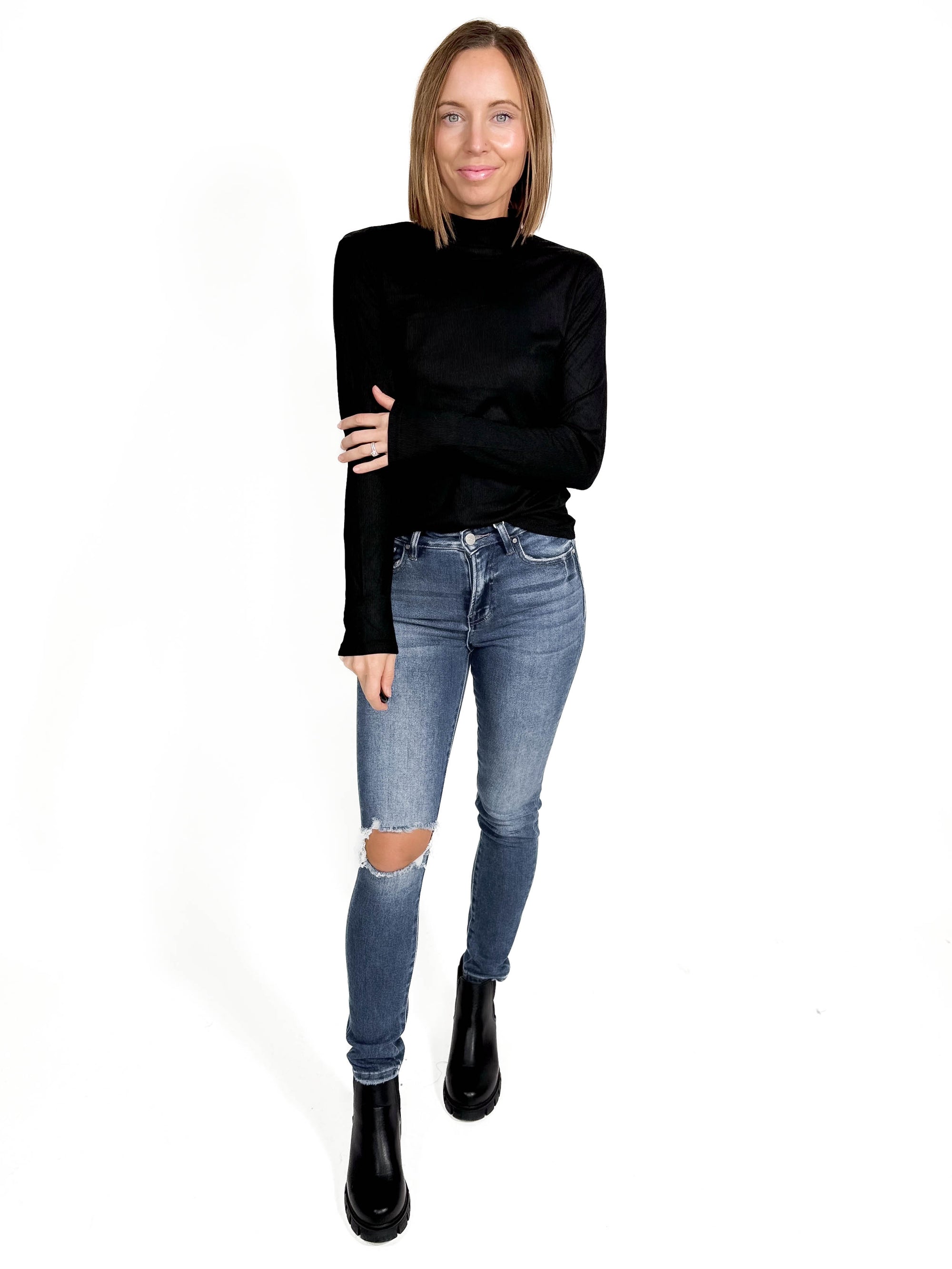 Gotta Have Ribbed Mock Neck Long Sleeve- BLACK -FINAL SALE