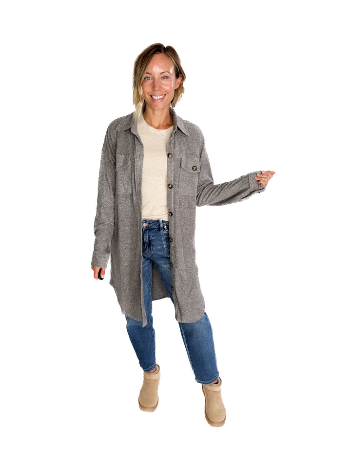 Taylor Brushed Knit Longline Shacket- GREY