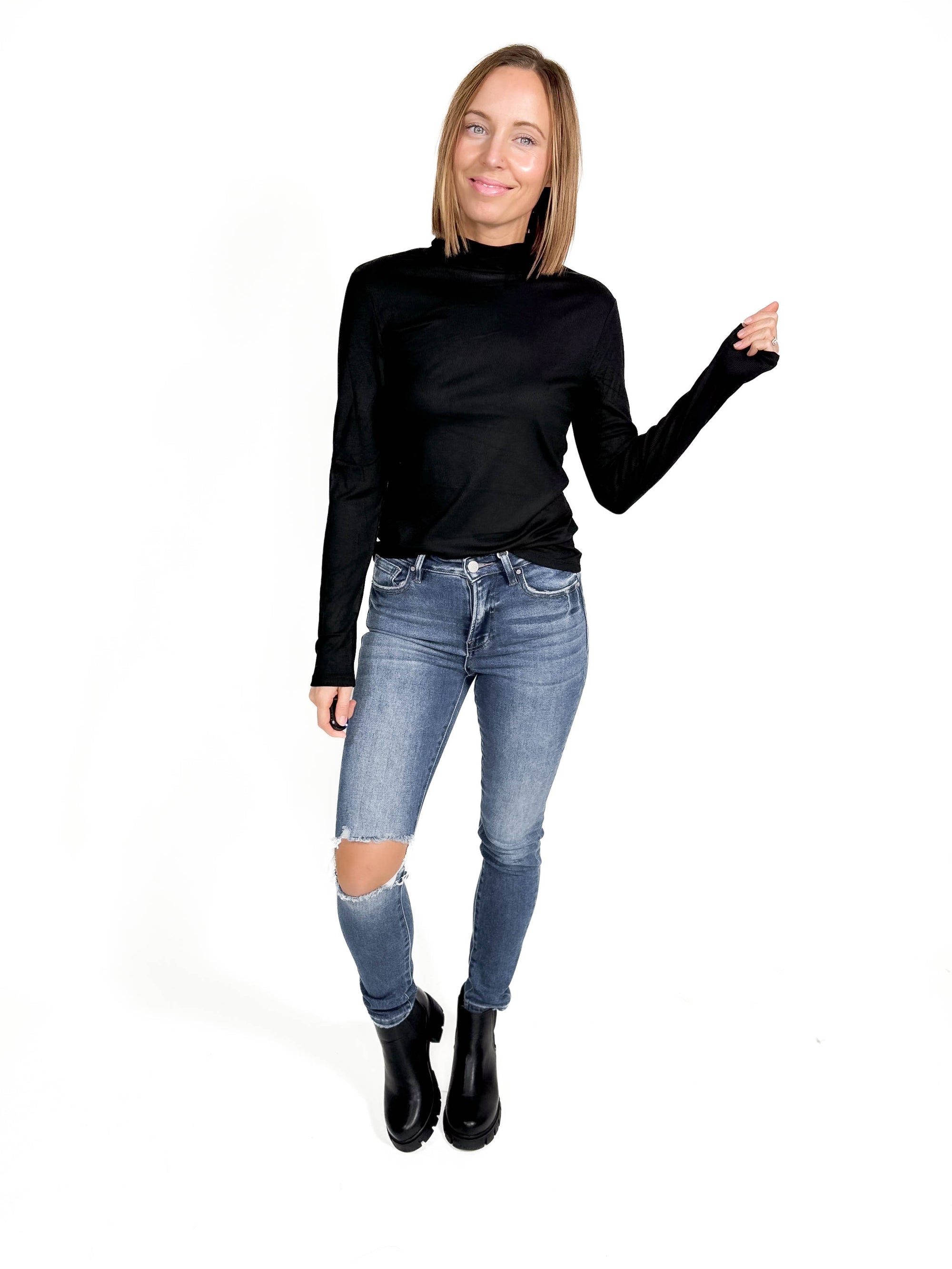 Gotta Have Ribbed Mock Neck Long Sleeve- BLACK -FINAL SALE