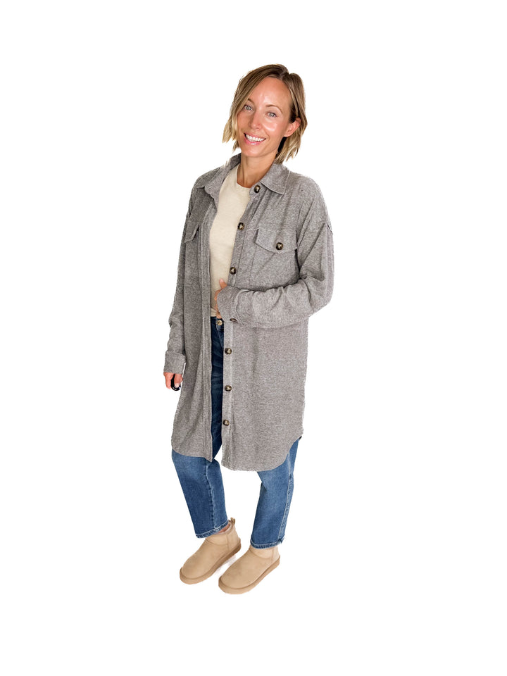 Taylor Brushed Knit Longline Shacket- GREY