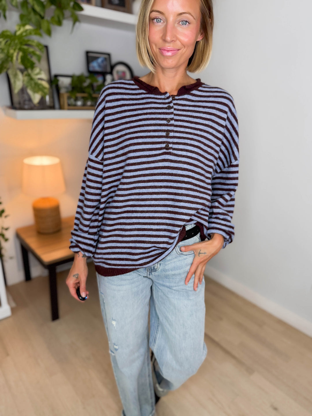 Briar Henley Stripe Sweater- CHOCOLATE BROWN