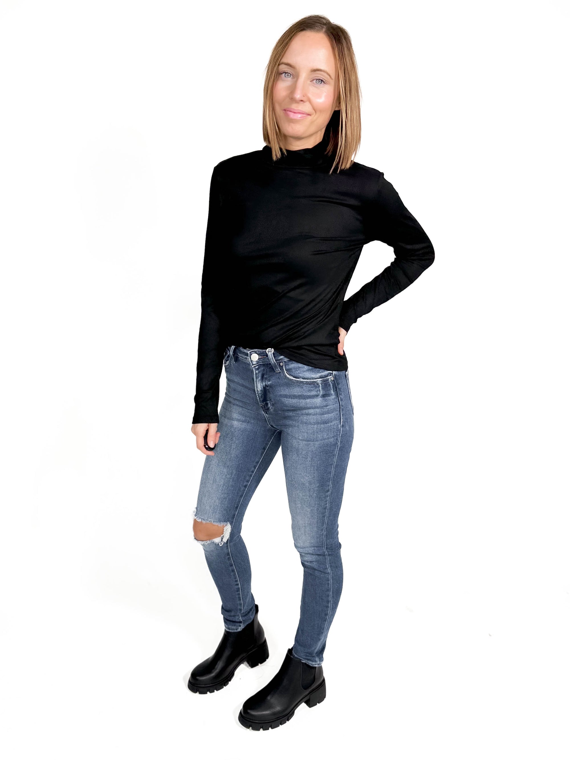 Gotta Have Ribbed Mock Neck Long Sleeve- BLACK -FINAL SALE