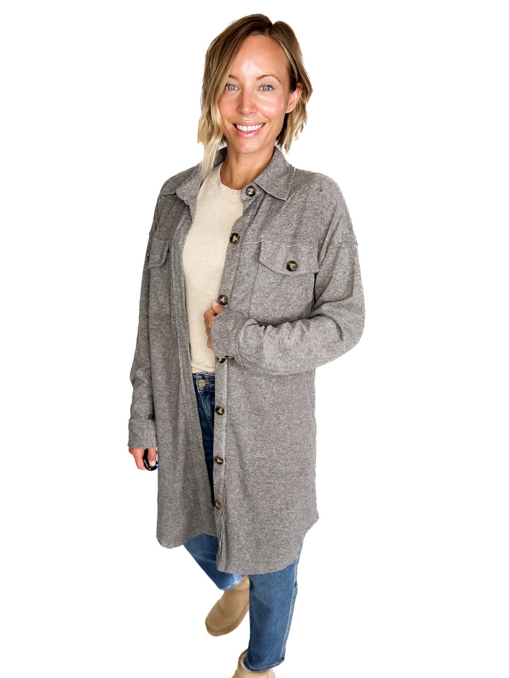 Taylor Brushed Knit Longline Shacket- GREY