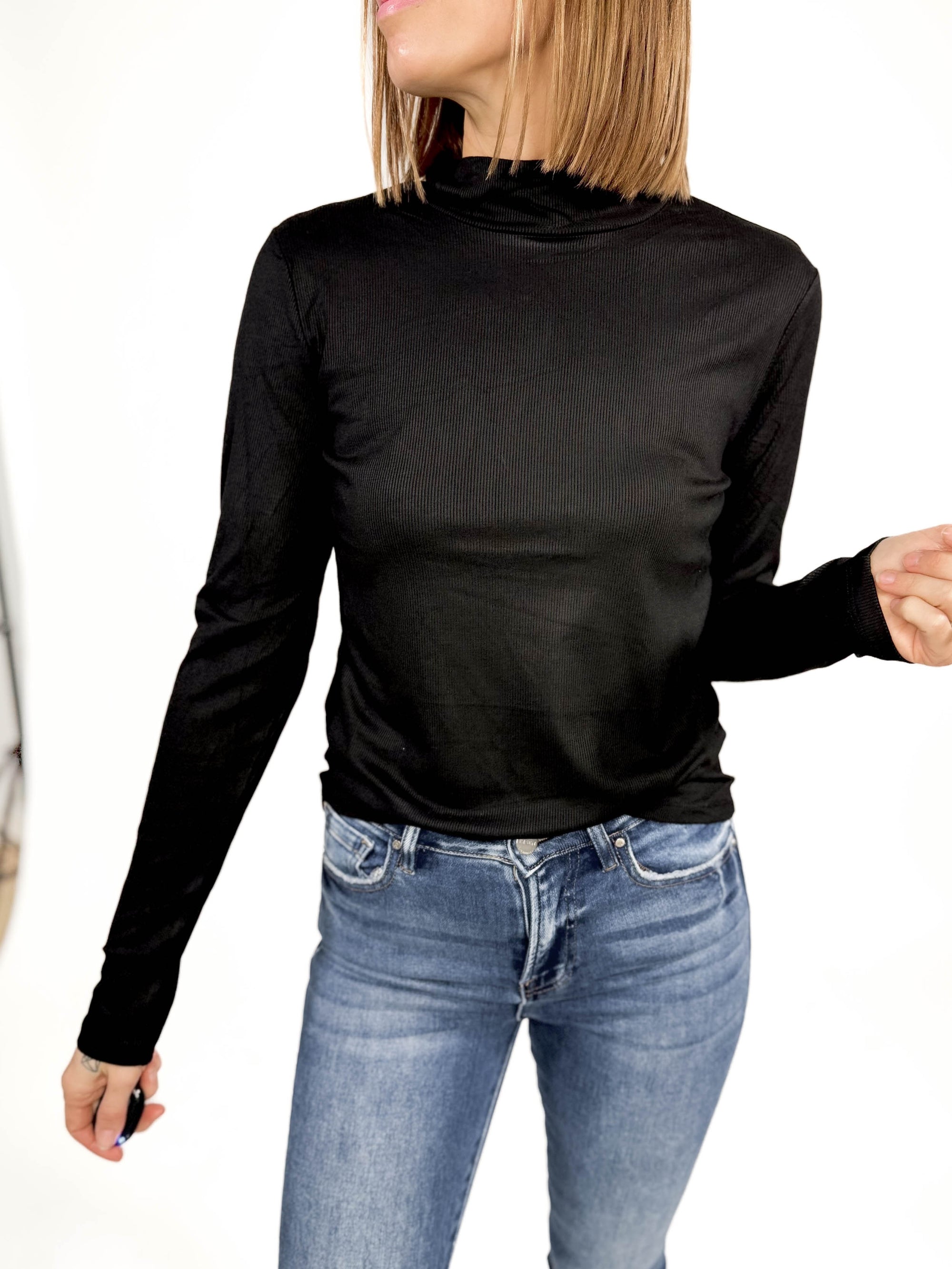 Gotta Have Ribbed Mock Neck Long Sleeve- BLACK -FINAL SALE