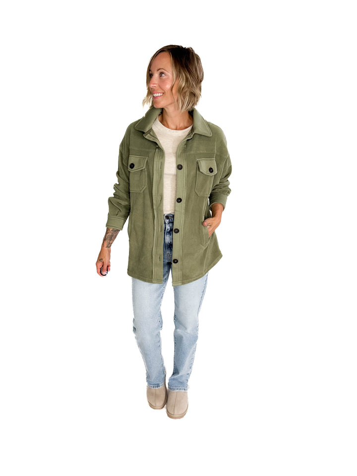 Jake Oversized Fleece Shacket- LIGHT OLIVE