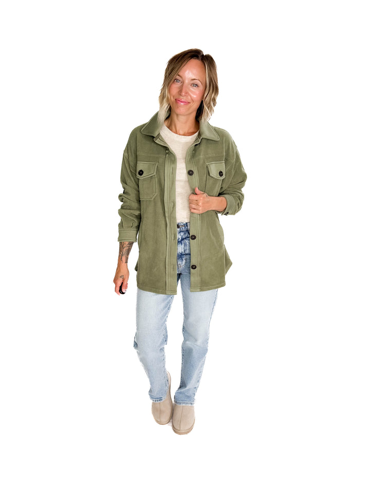 Jake Oversized Fleece Shacket- LIGHT OLIVE