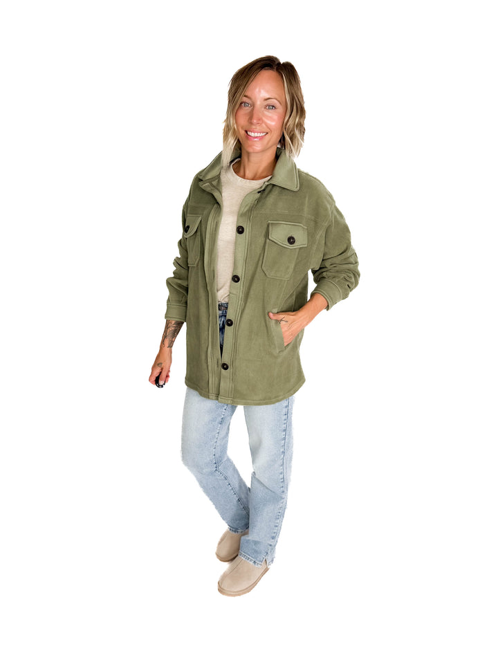 Jake Oversized Fleece Shacket- LIGHT OLIVE