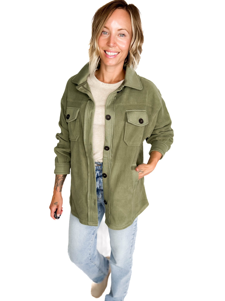 Jake Oversized Fleece Shacket- LIGHT OLIVE