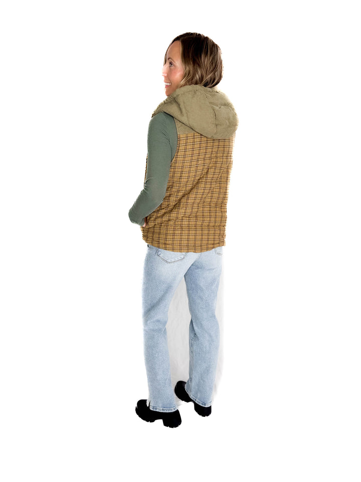 Larissa Corduroy Mixed Plaid Puffer Vest- MUSTARD
