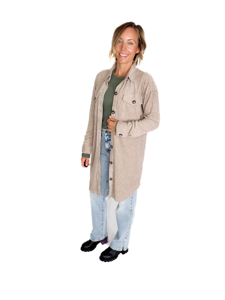 Taylor Brushed Knit Longline Shacket- MOCHA