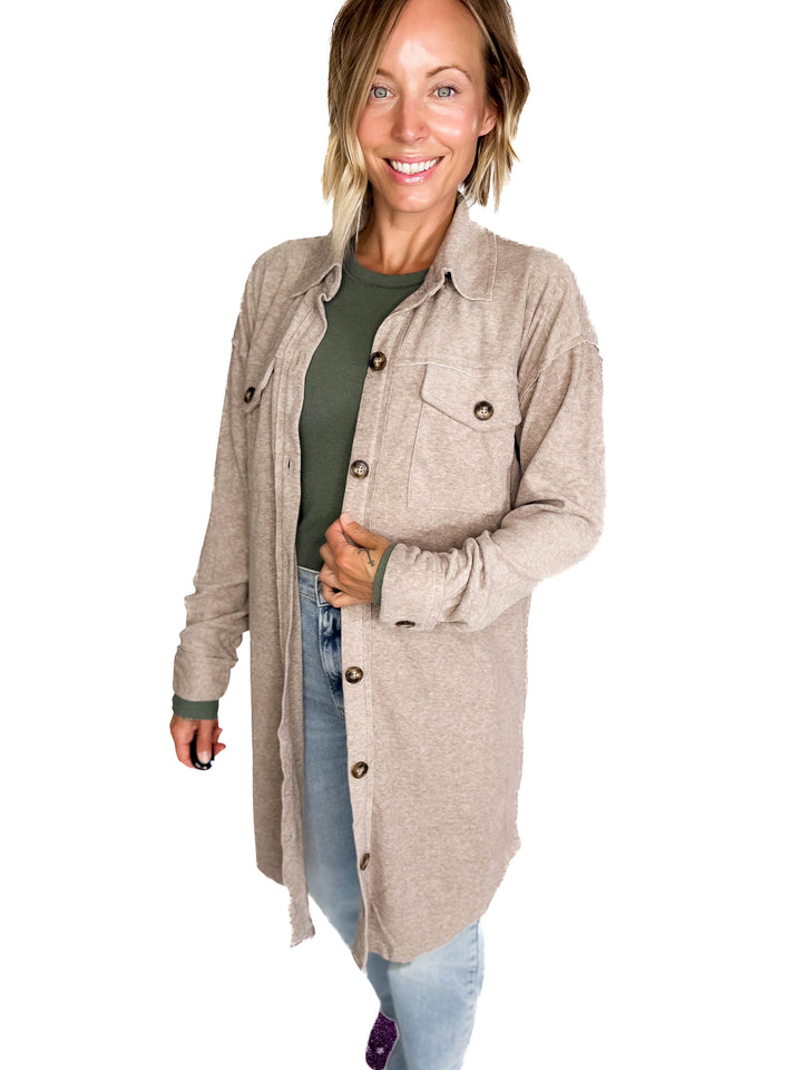 Taylor Brushed Knit Longline Shacket- MOCHA
