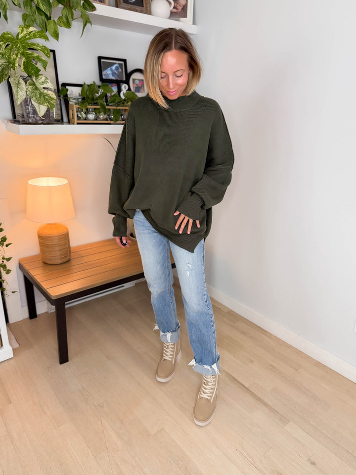Frosted Pines Oversized Side Slit Sweater- DARK OLIVE