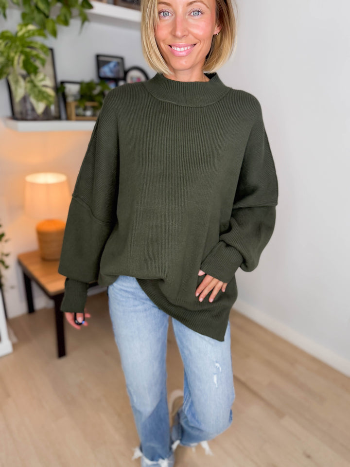 Frosted Pines Oversized Side Slit Sweater- DARK OLIVE