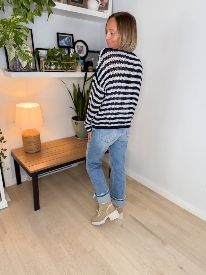 Auburn Stripe Raw Edge Sweater- NAVY