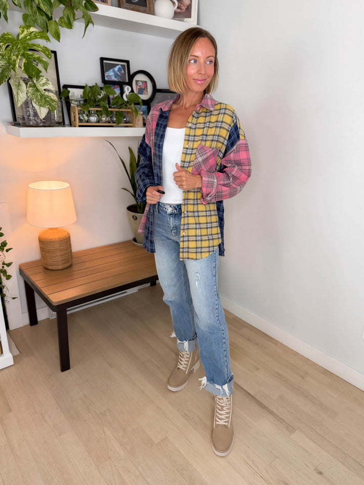 Neela Multi Plaid Flannel- BLUE/PINK/YELLOW