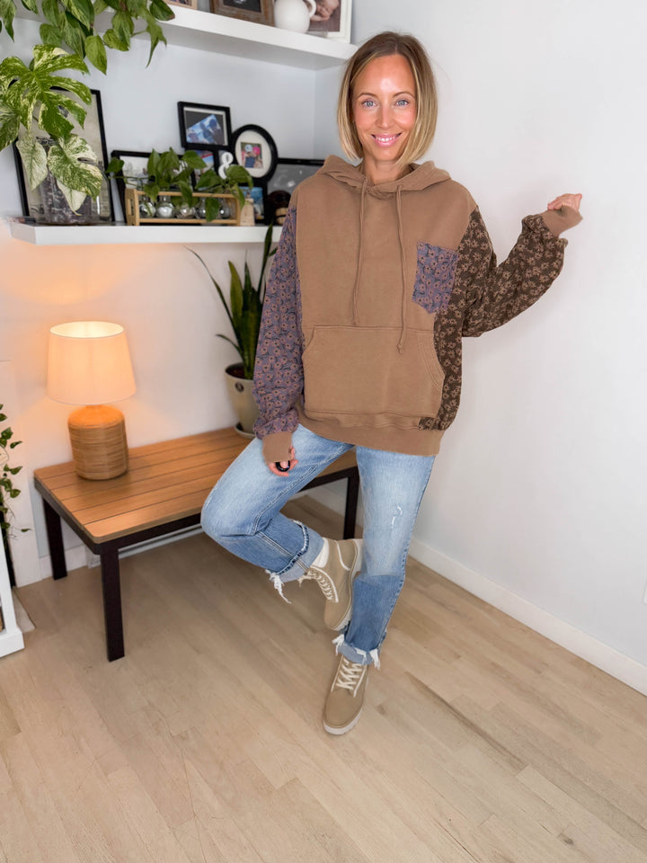 Cooper Mixed Floral Print Hoodie- MOCHA