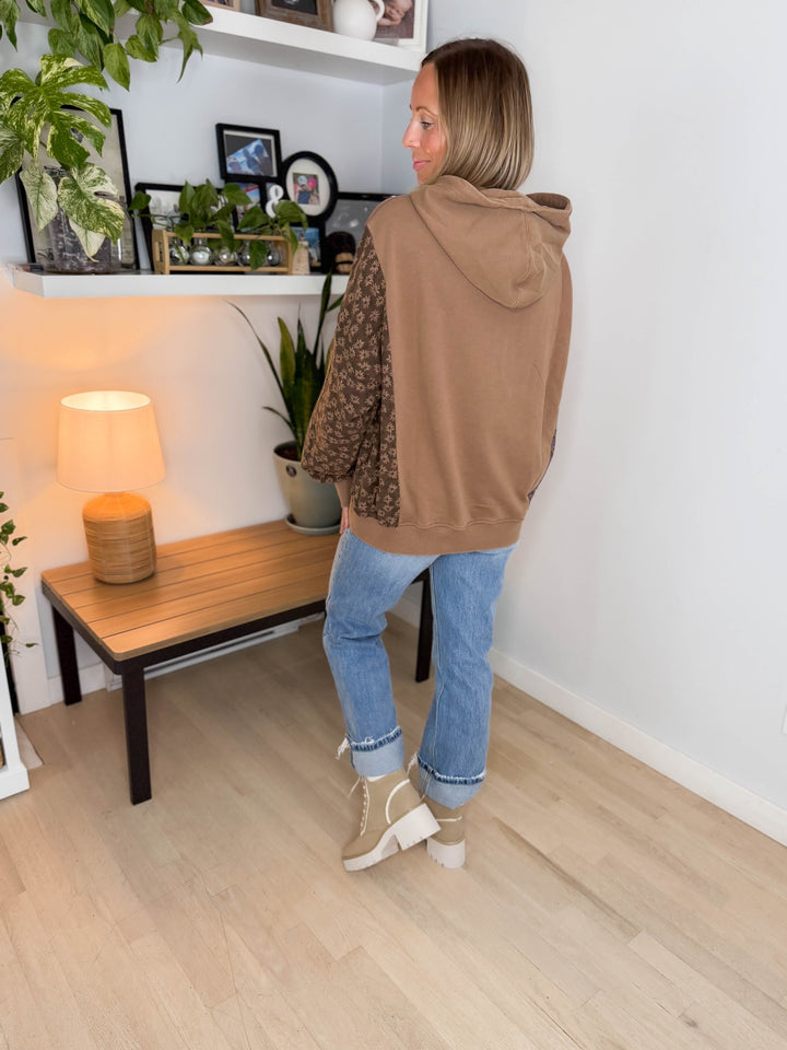 Cooper Mixed Floral Print Hoodie- MOCHA