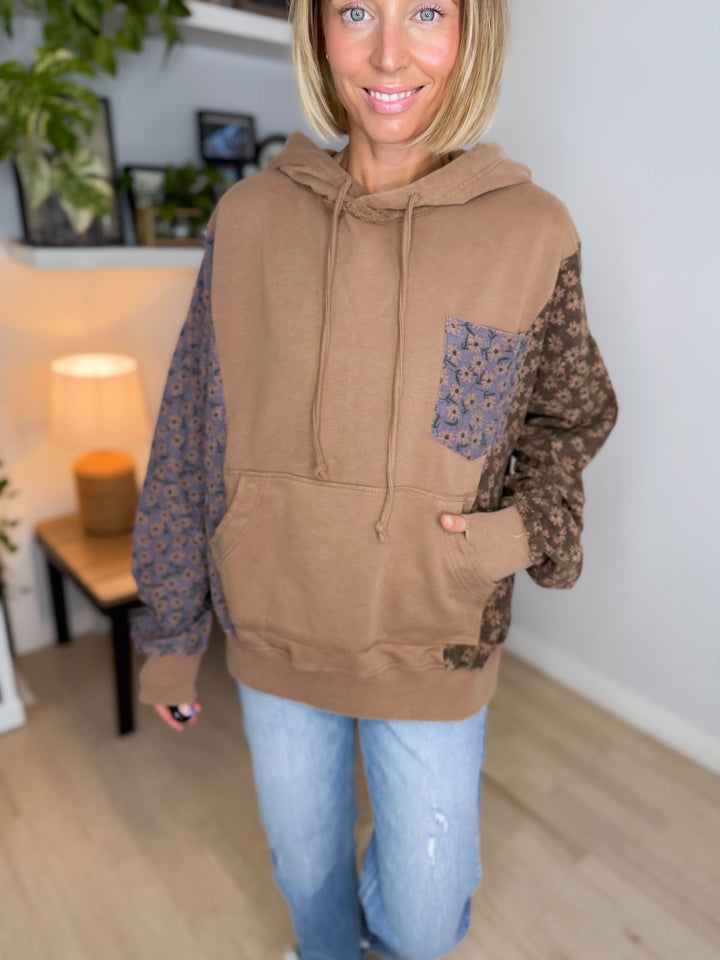 Cooper Mixed Floral Print Hoodie- MOCHA