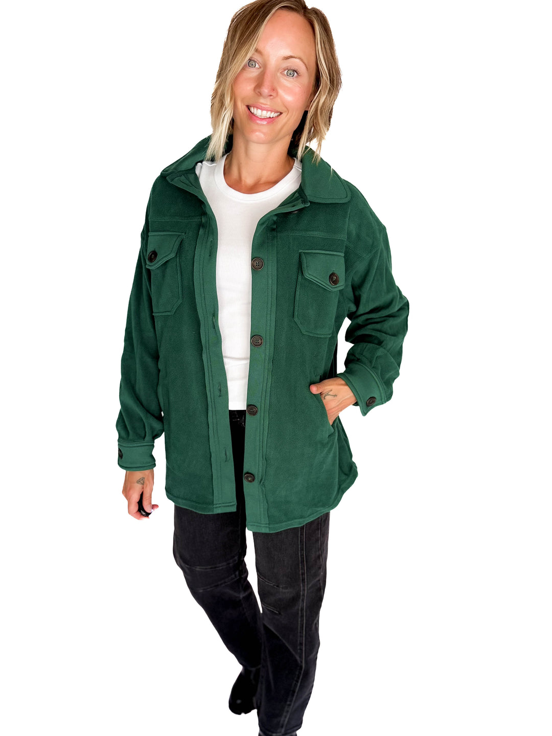 Jake Oversized Fleece Shacket- HUNTER GREEN