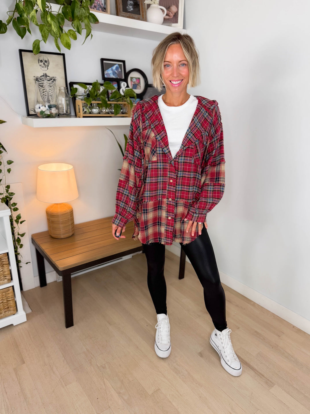 Frances Long Sleeve Plaid Mineral Wash Jacket- BERRY RED