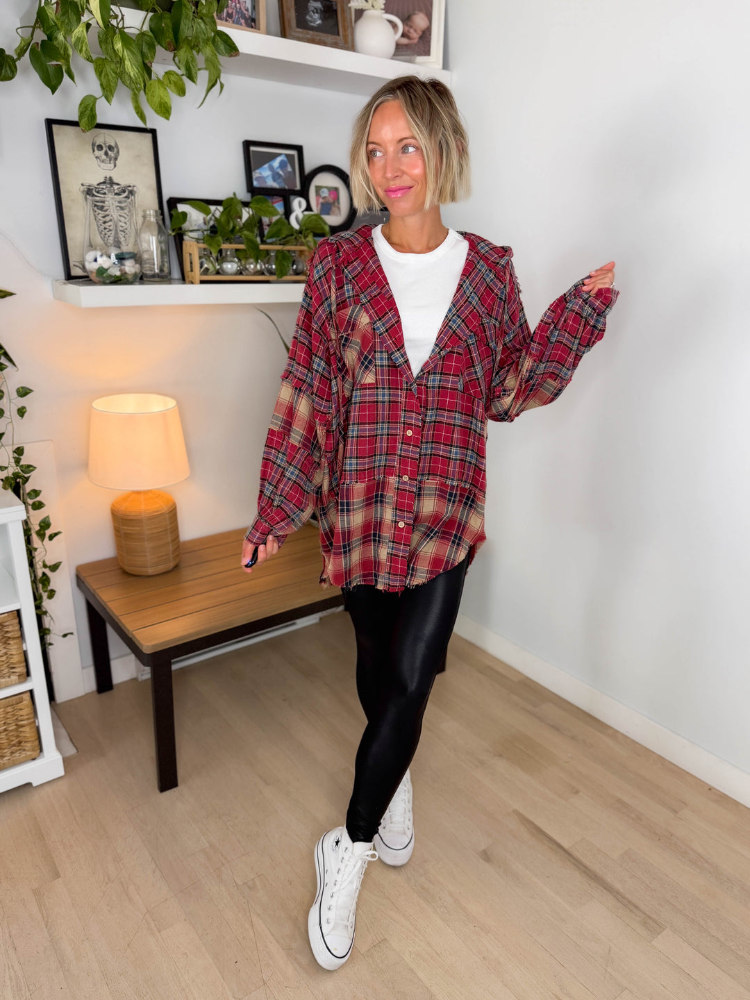 Frances Long Sleeve Plaid Mineral Wash Jacket- BERRY RED