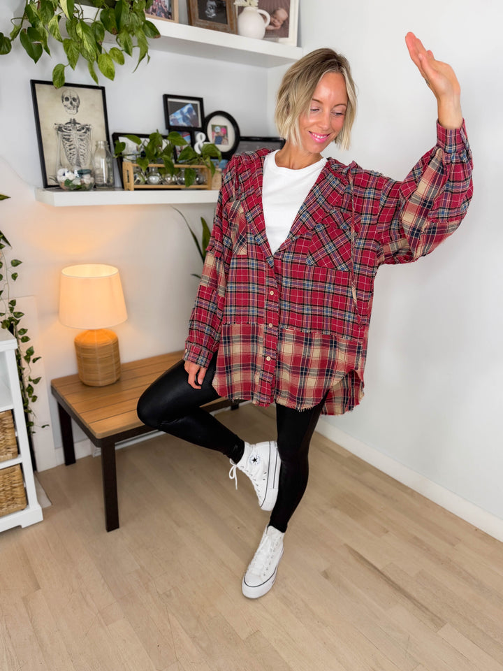 Frances Long Sleeve Plaid Mineral Wash Jacket- BERRY RED