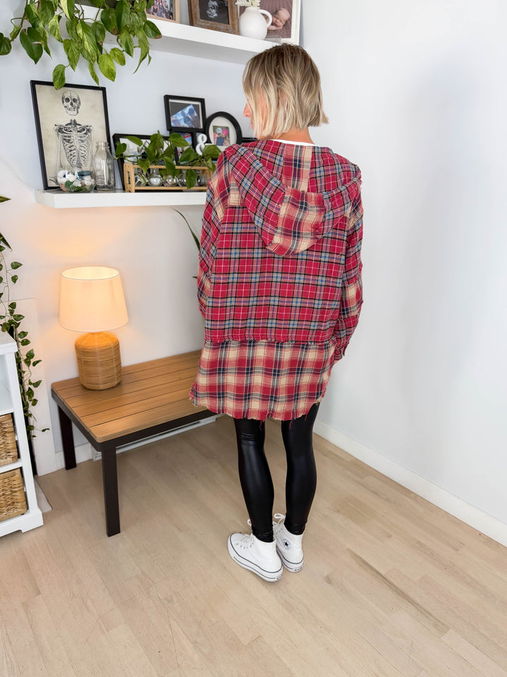 Frances Long Sleeve Plaid Mineral Wash Jacket- BERRY RED