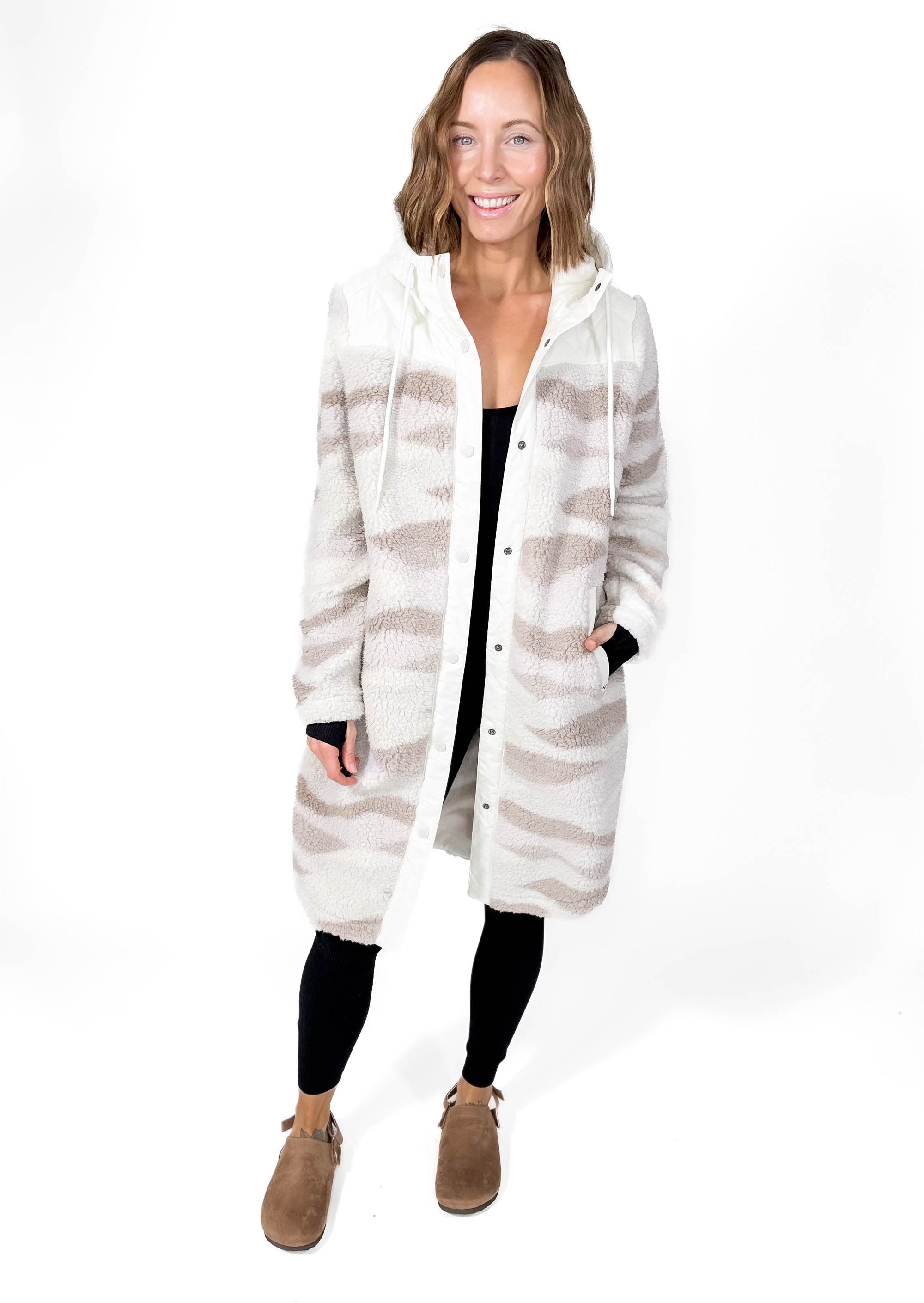 Ainsley Long Full Zip Hooded Sherpa Jacket- WHITE ONYX