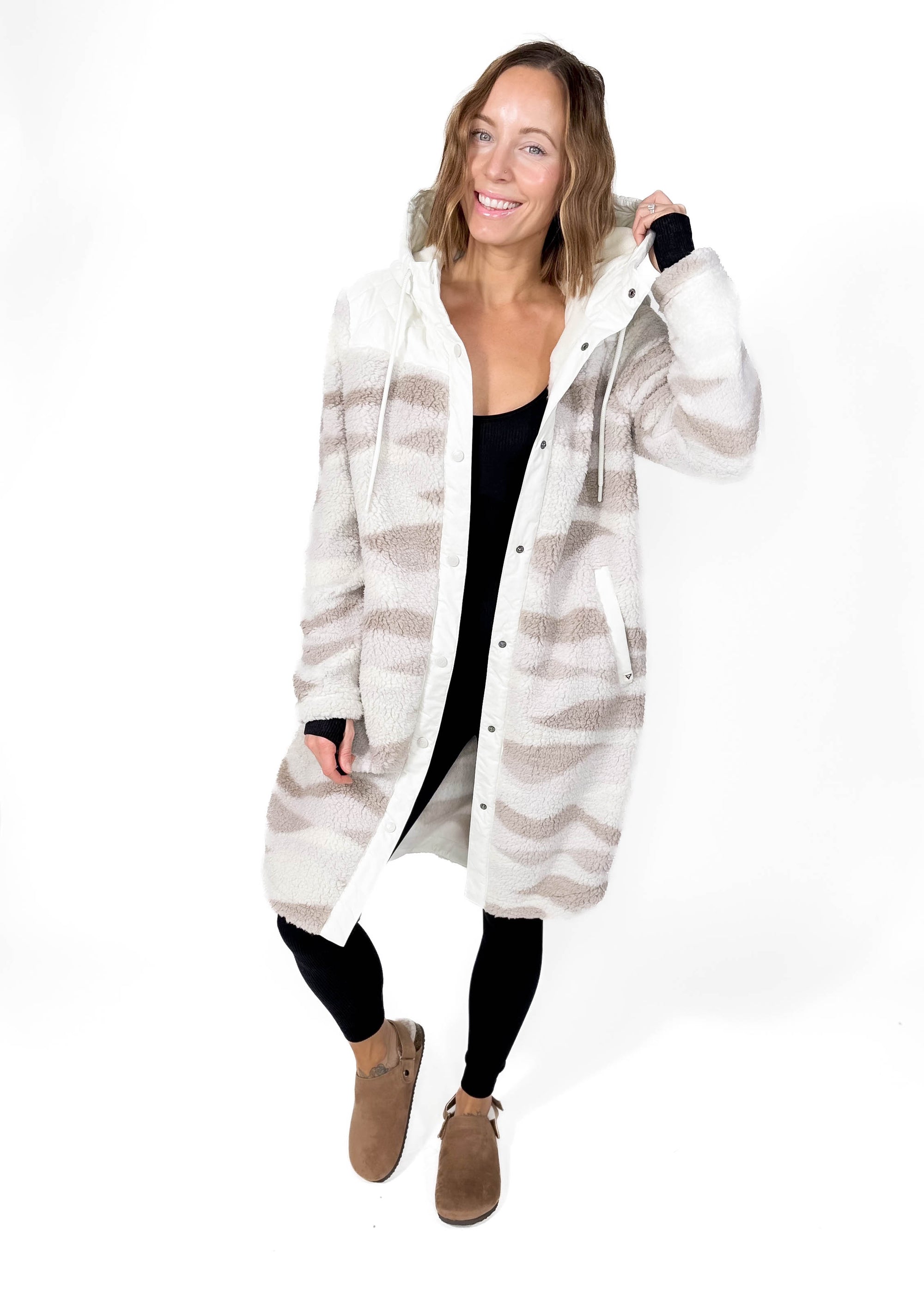 Ainsley Long Full Zip Hooded Sherpa Jacket- WHITE ONYX