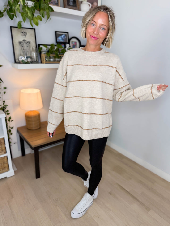 Ashe Stripe Knit Sweater- TAUPE MULTI