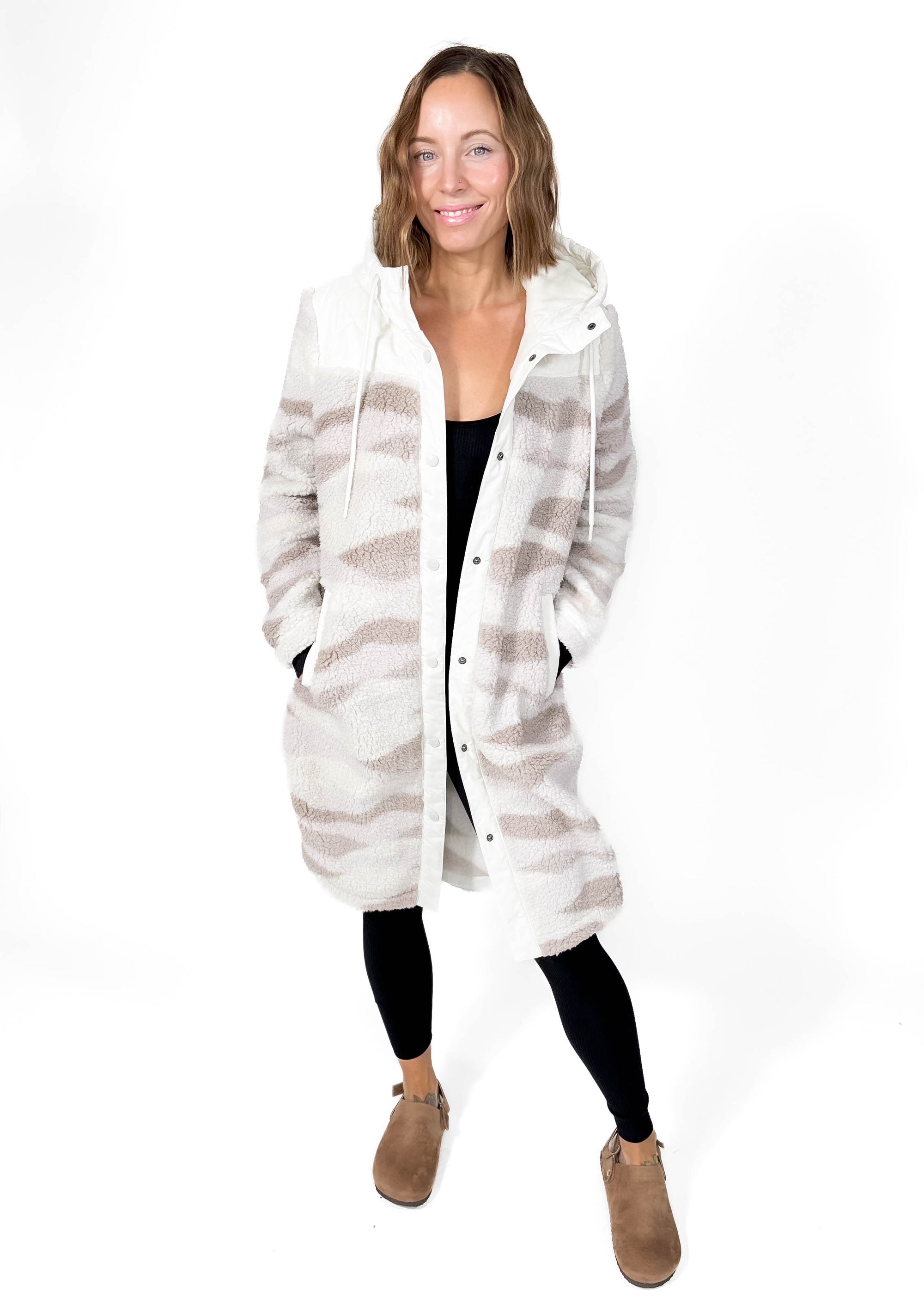 Ainsley Long Full Zip Hooded Sherpa Jacket- WHITE ONYX