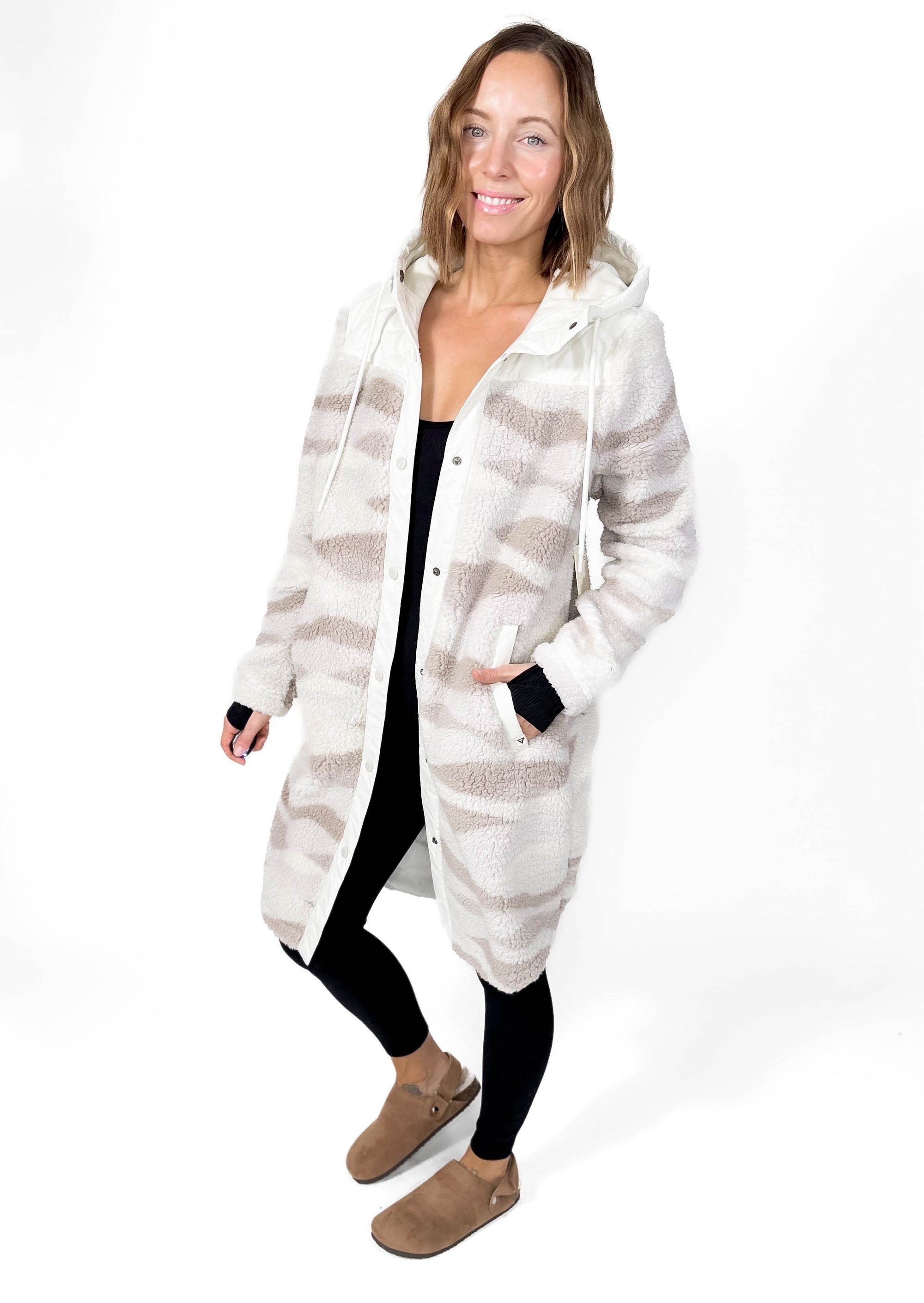 Ainsley Long Full Zip Hooded Sherpa Jacket- WHITE ONYX