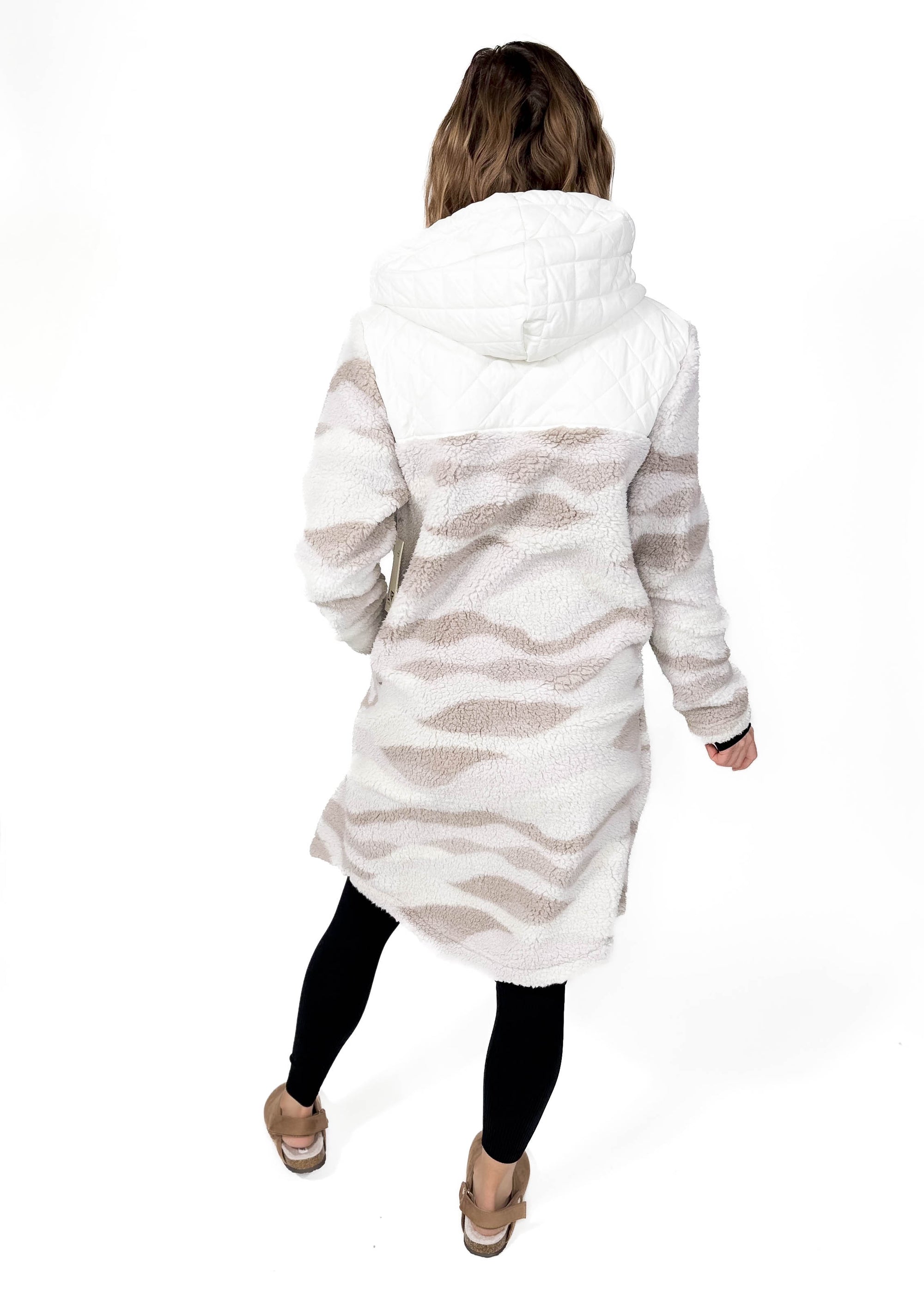 Ainsley Long Full Zip Hooded Sherpa Jacket- WHITE ONYX