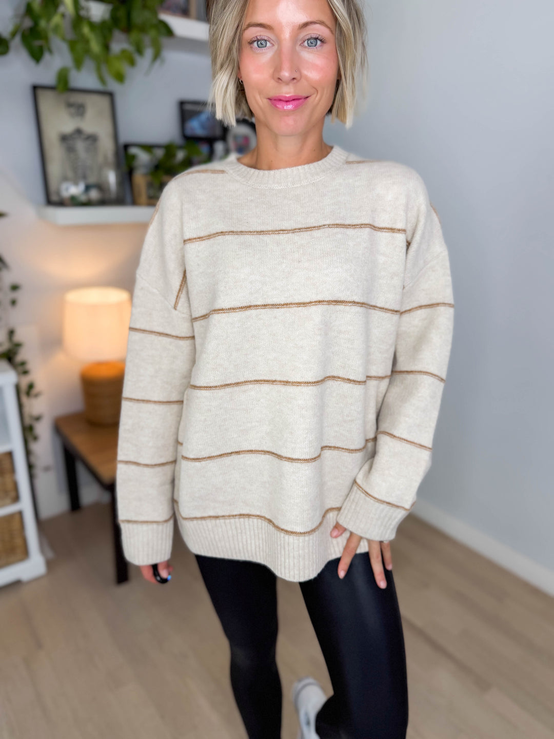 Ashe Stripe Knit Sweater- TAUPE MULTI