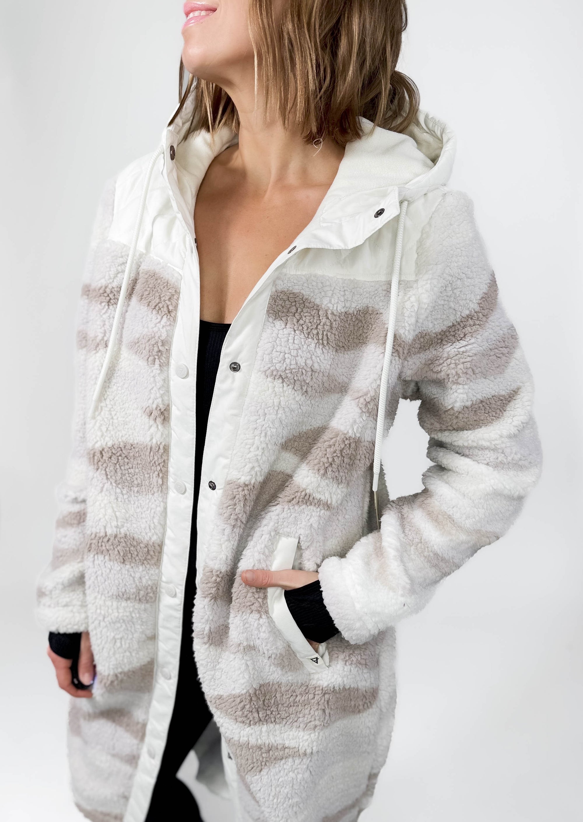 Ainsley Long Full Zip Hooded Sherpa Jacket- WHITE ONYX