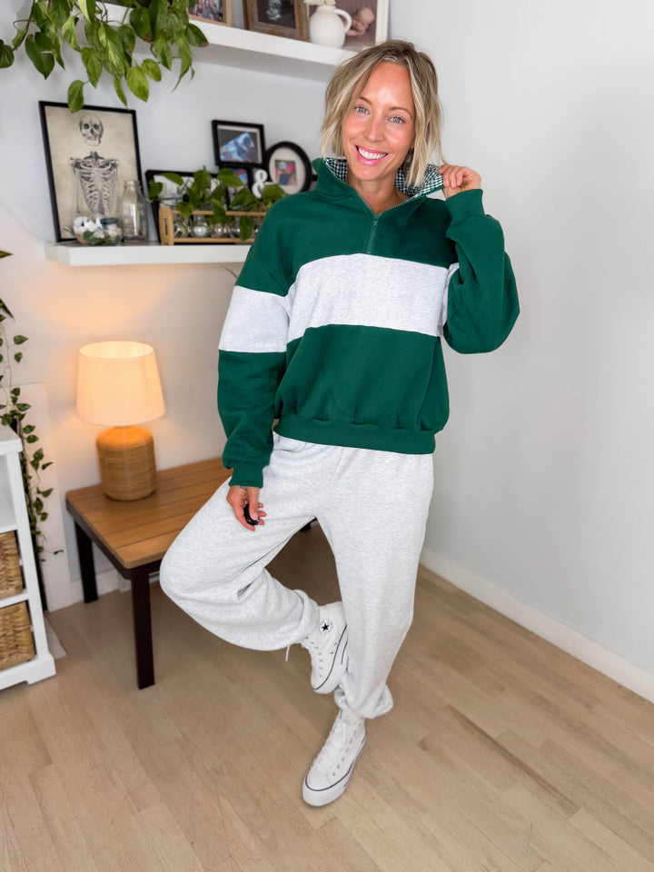 Oliver Colour Block 1/4 Zip- GREEN/GREY