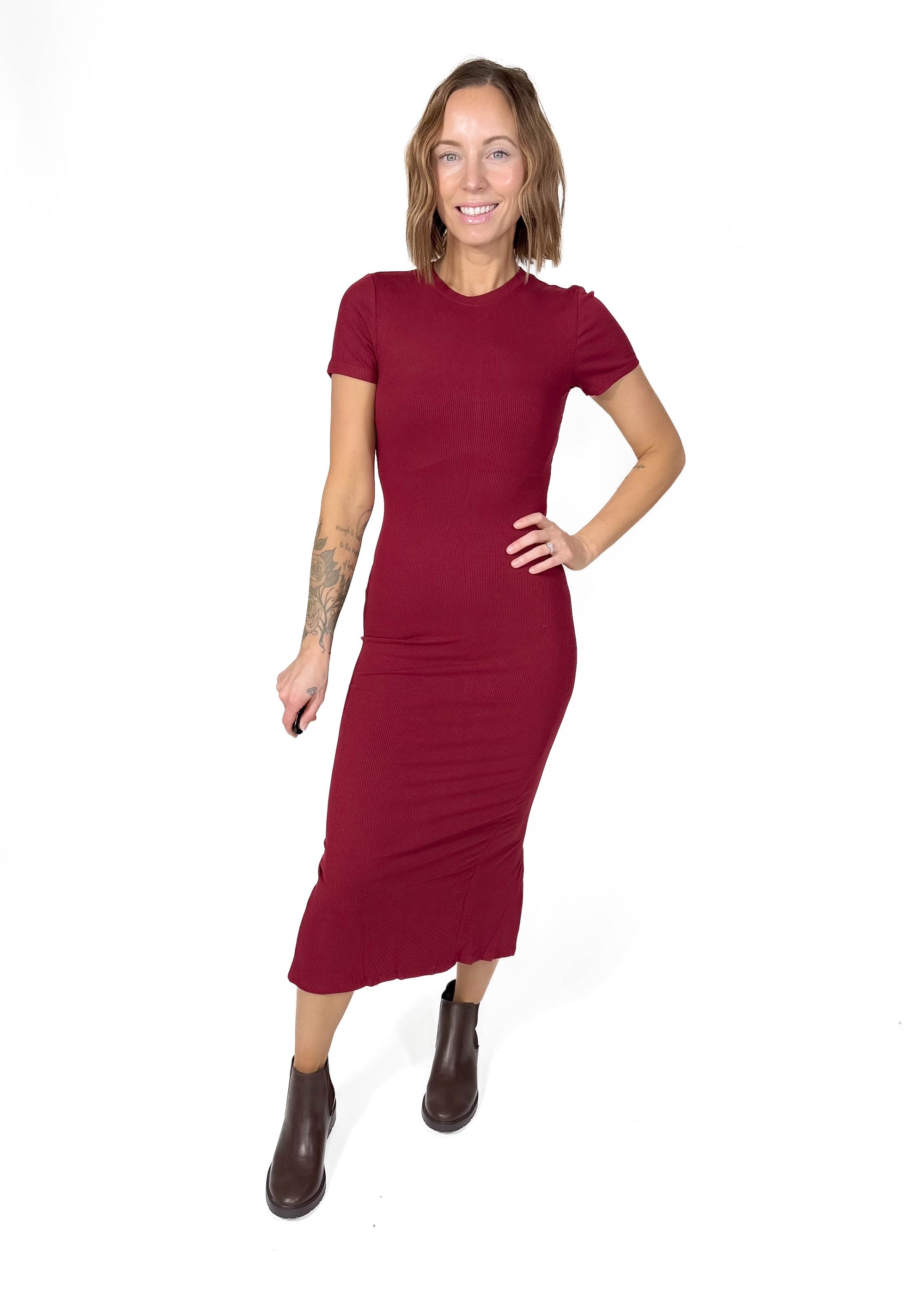 Merry Ribbed Midi Dress- ROUGE